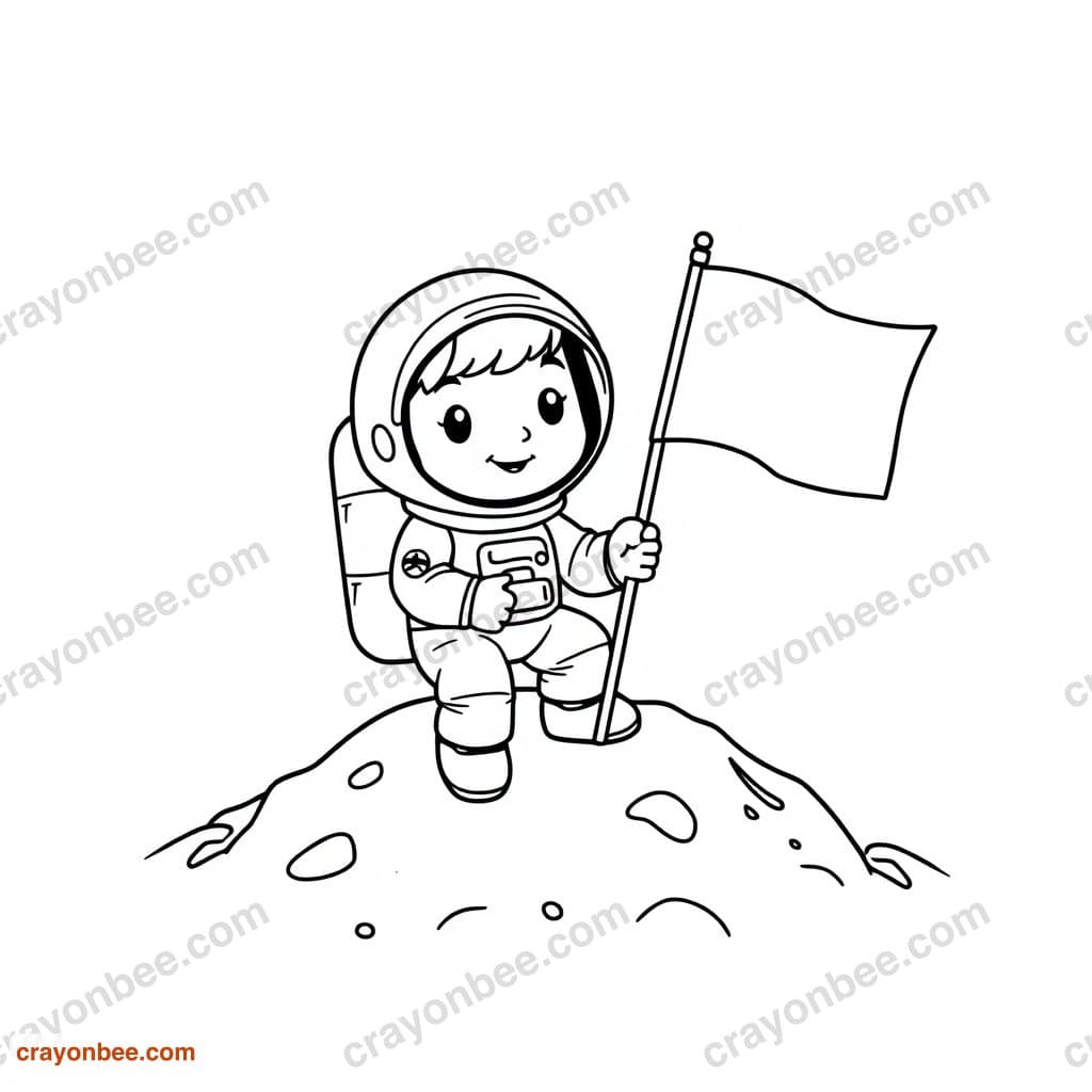 Astronaut Planting Flag On Moon Coloring Page — Free Printable PDF