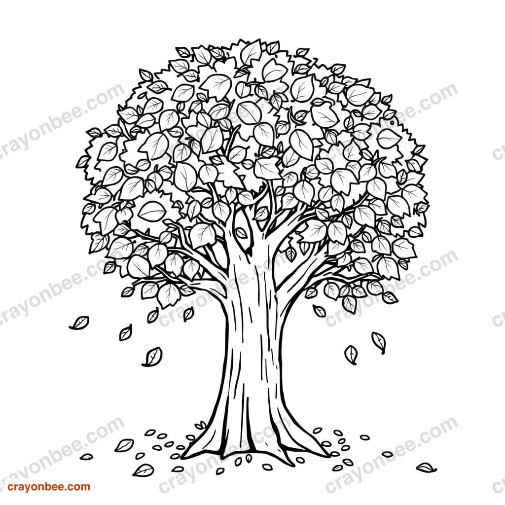 Autumn Tree With Leaves Falling Coloring Page — Free Printable PDF