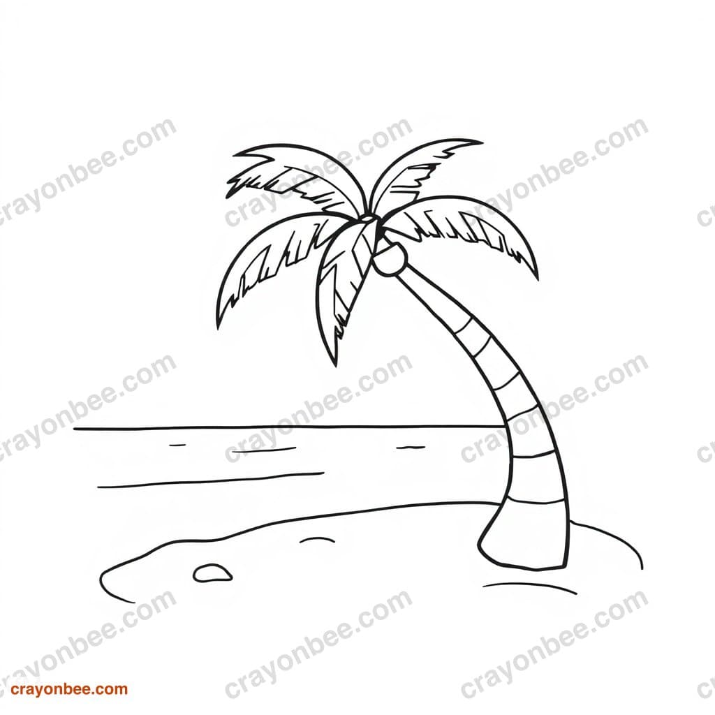 Beach With Palm Tree Coloring Page — Free Printable PDF