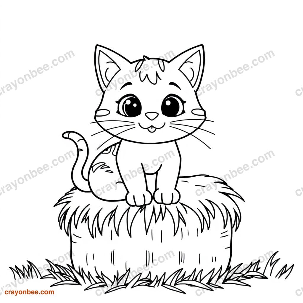 Farm Cat On Hay Bale Coloring Page — Free Printable PDF