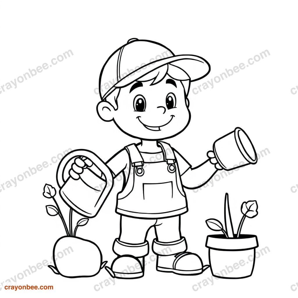 Gardener With Watering Can Coloring Page — Free Printable PDF