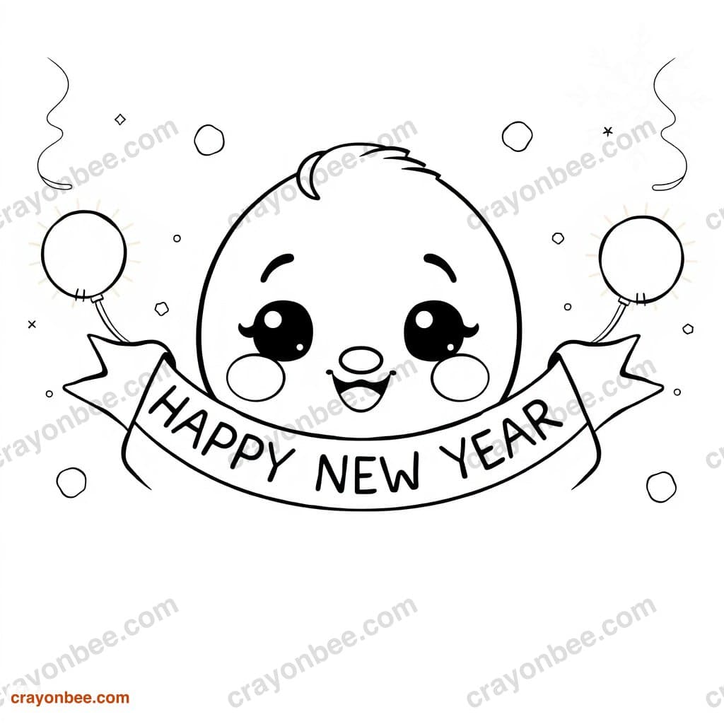 Happy New Year Banner Cute Coloring Page — Free Printable PDF
