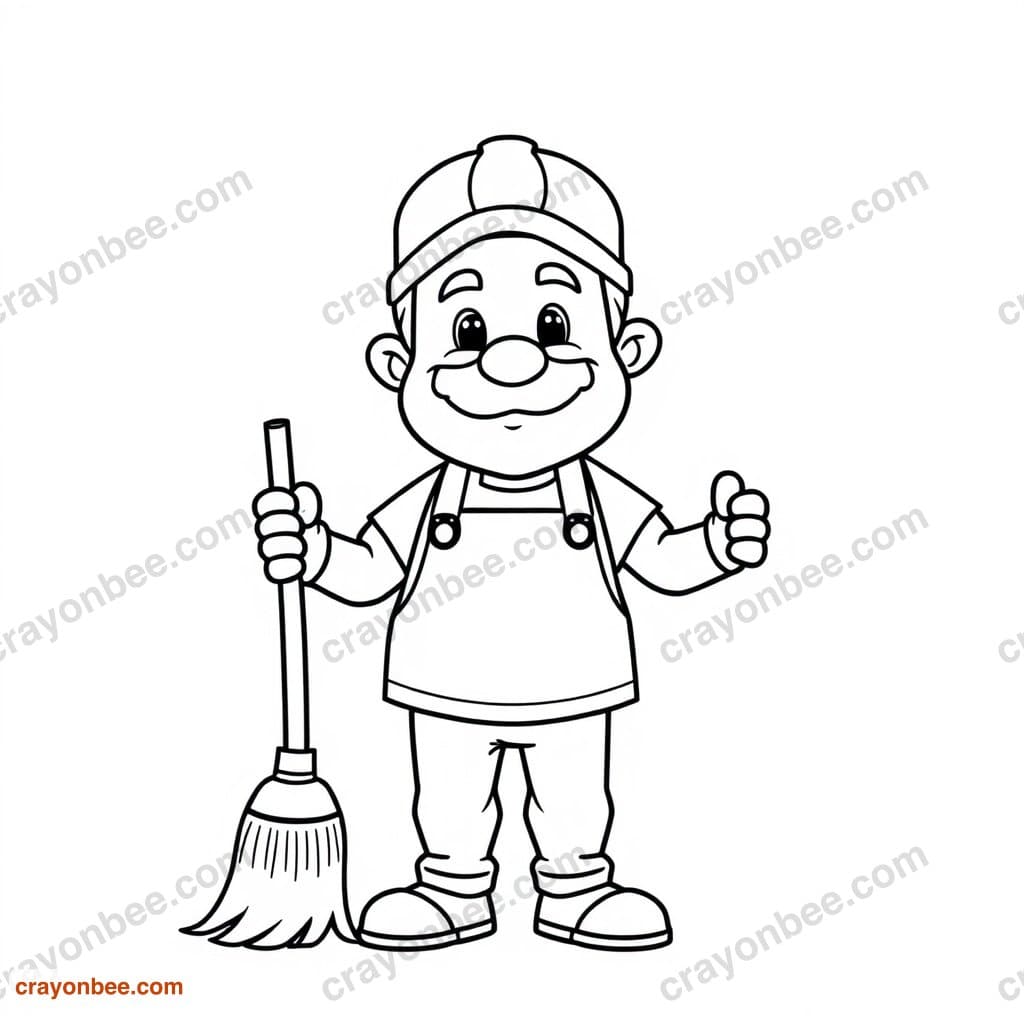 Janitor With Broom Coloring Page — Free Printable PDF