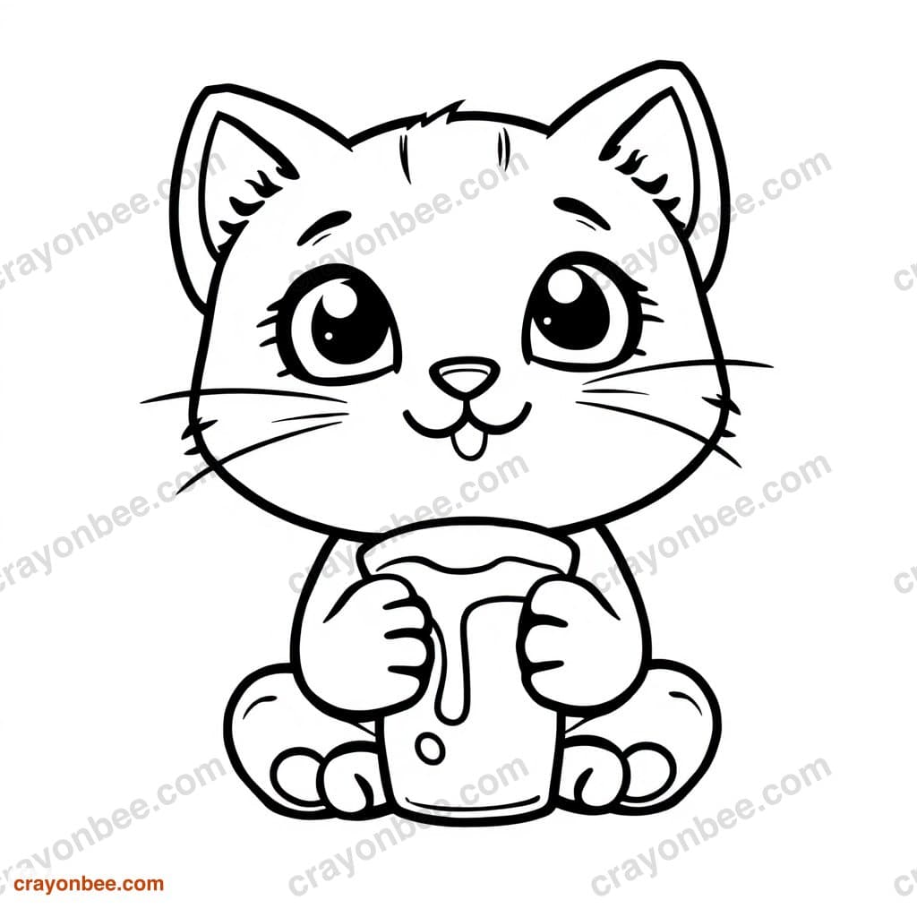 Kitten With Milk Coloring Page — Free Printable PDF