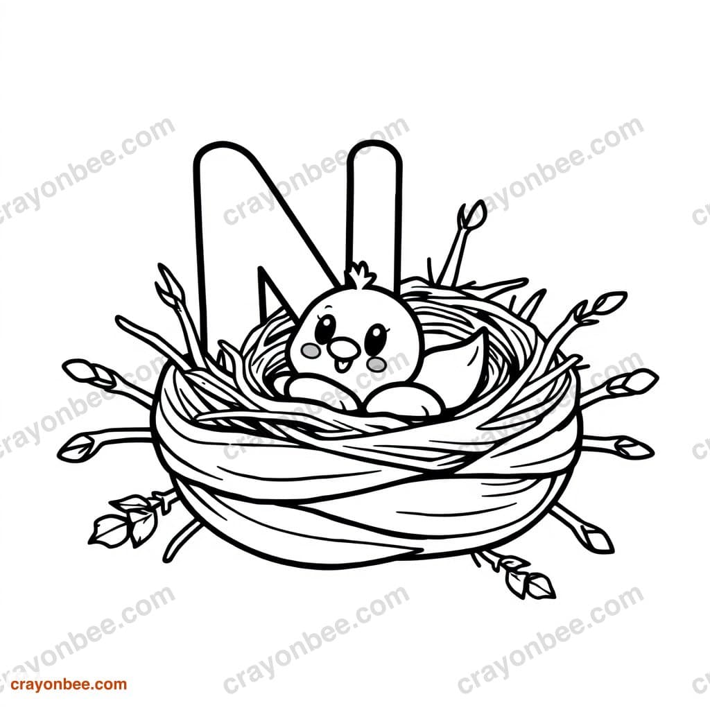 Letter N With Nest Coloring Page — Free Printable PDF