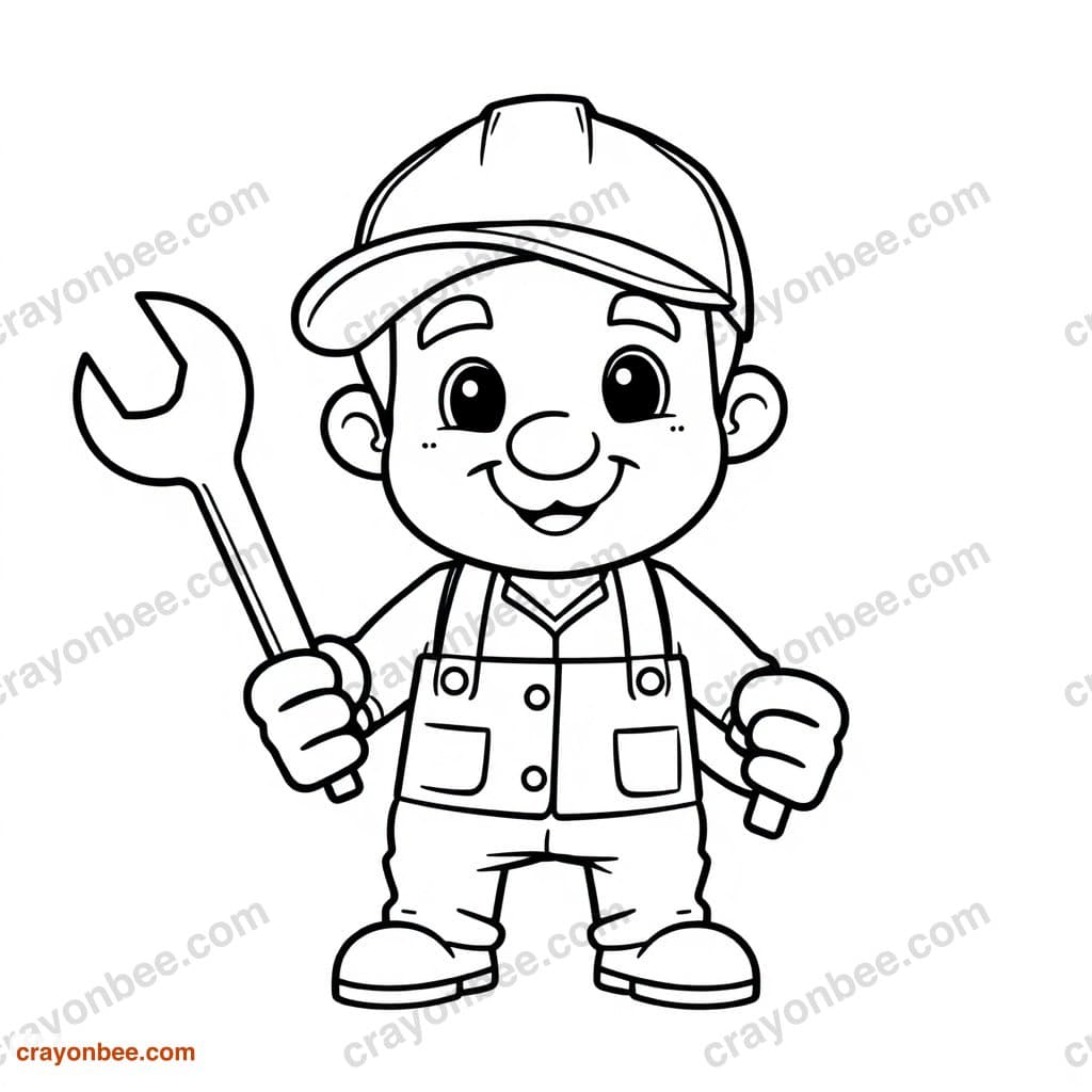 Mechanic With Wrench Coloring Page — Free Printable PDF