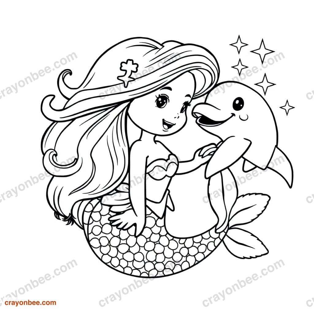 Mermaid With Dolphin Coloring Page — Free Printable PDF
