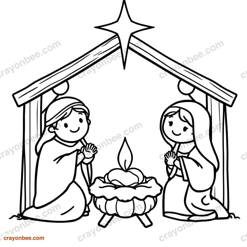 Nativity Scene Simple Coloring Page — Free Printable PDF