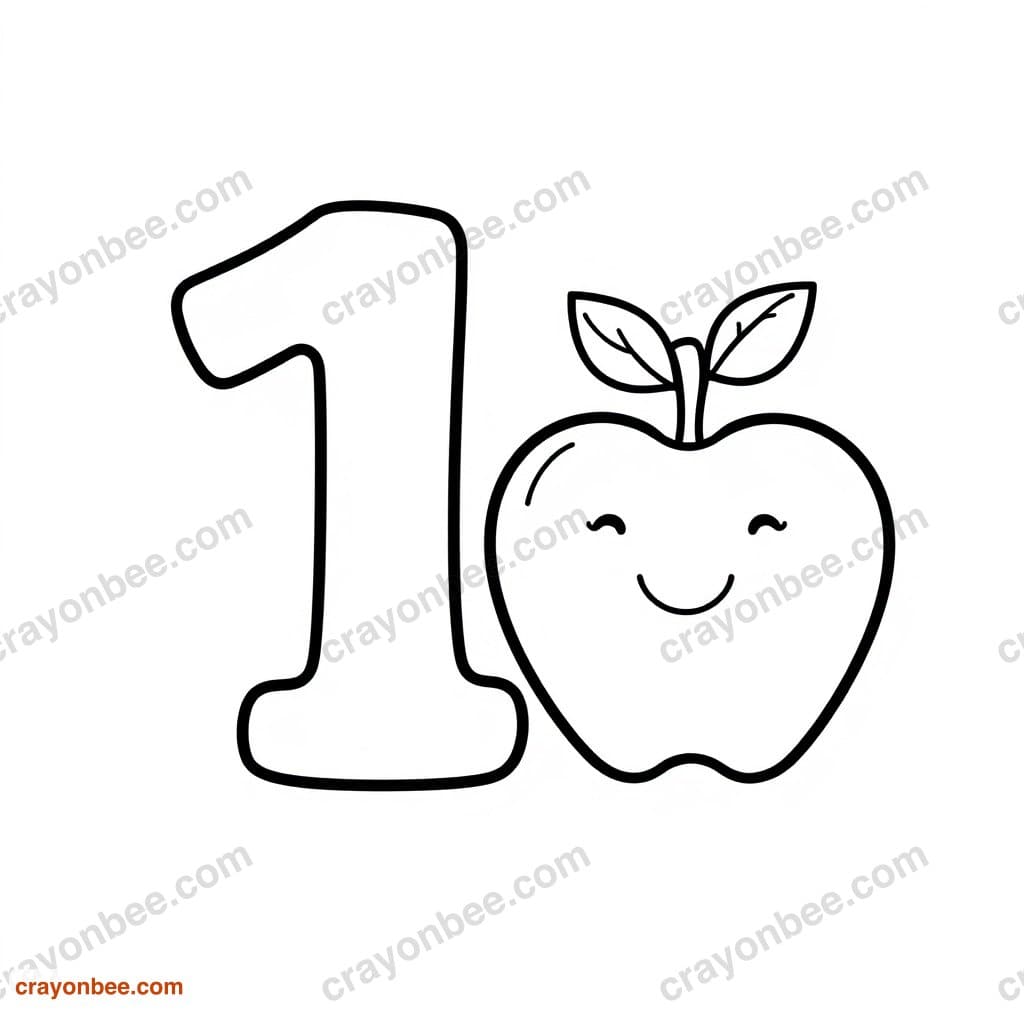 Number 1 With One Apple Coloring Page — Free Printable PDF