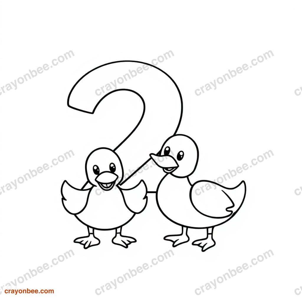 Number 2 With Two Ducks Coloring Page — Free Printable PDF