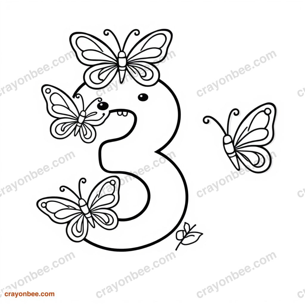 Number 3 With Three Butterflies Coloring Page — Free Printable PDF
