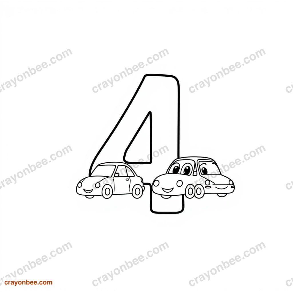 Number 4 With Four Cars Coloring Page — Free Printable PDF