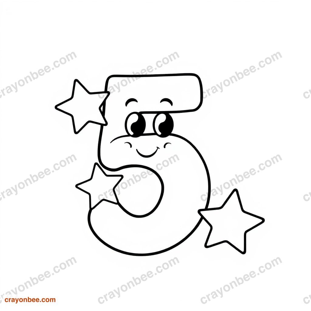 Number 5 With Five Stars Coloring Page — Free Printable PDF