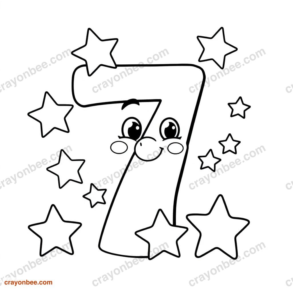 Number 7 With Seven Stars Coloring Page — Free Printable PDF