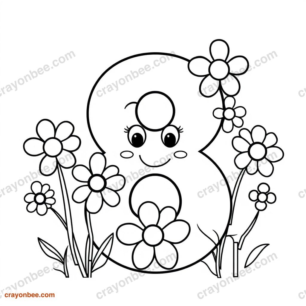 Number 8 With Eight Flowers Coloring Page — Free Printable PDF