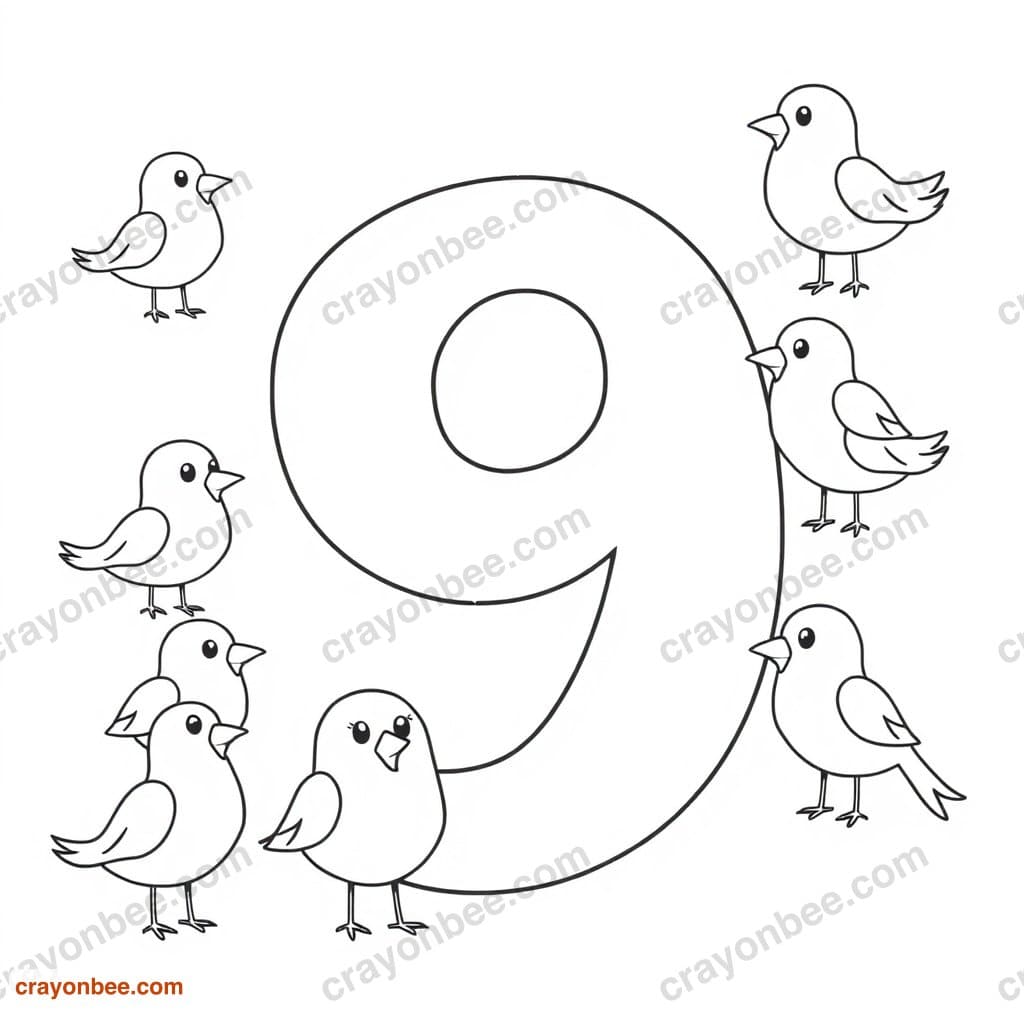 Number 9 With Nine Birds Coloring Page — Free Printable PDF