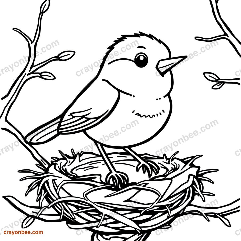 Robin On Nest Coloring Page — Free Printable PDF