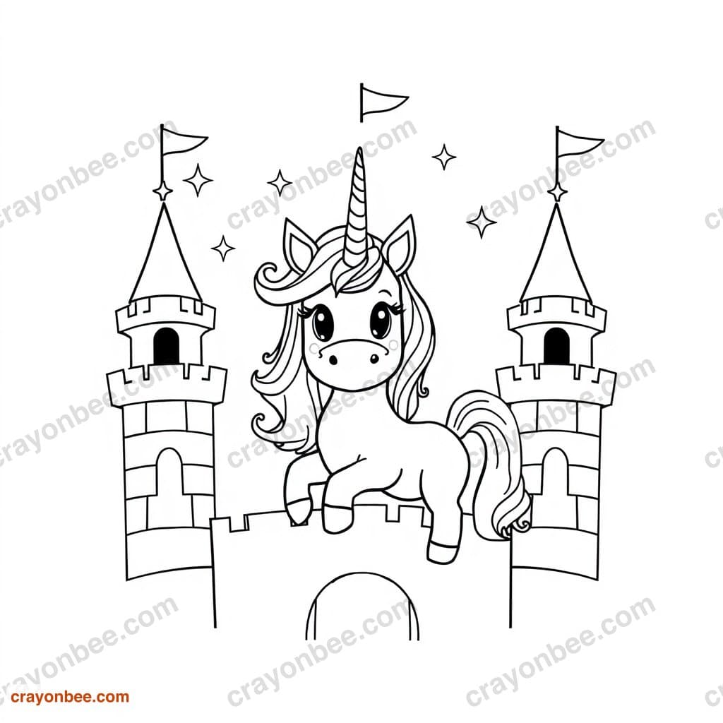 Unicorn In Castle Coloring Page — Free Printable PDF