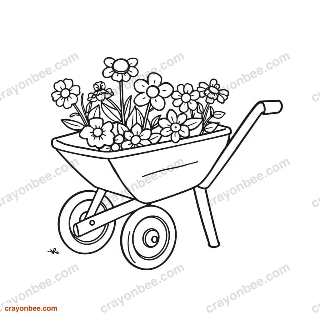 Wheelbarrow With Flowers Coloring Page — Free Printable PDF