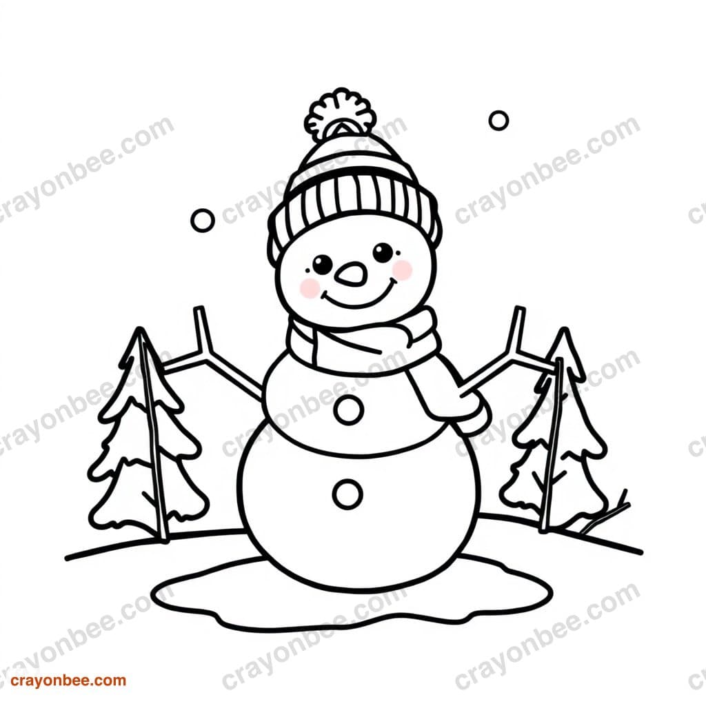 Winter Snowman Scene Coloring Page — Free Printable PDF