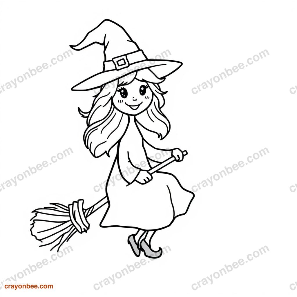 Witch On Broom Coloring Page — Free Printable PDF