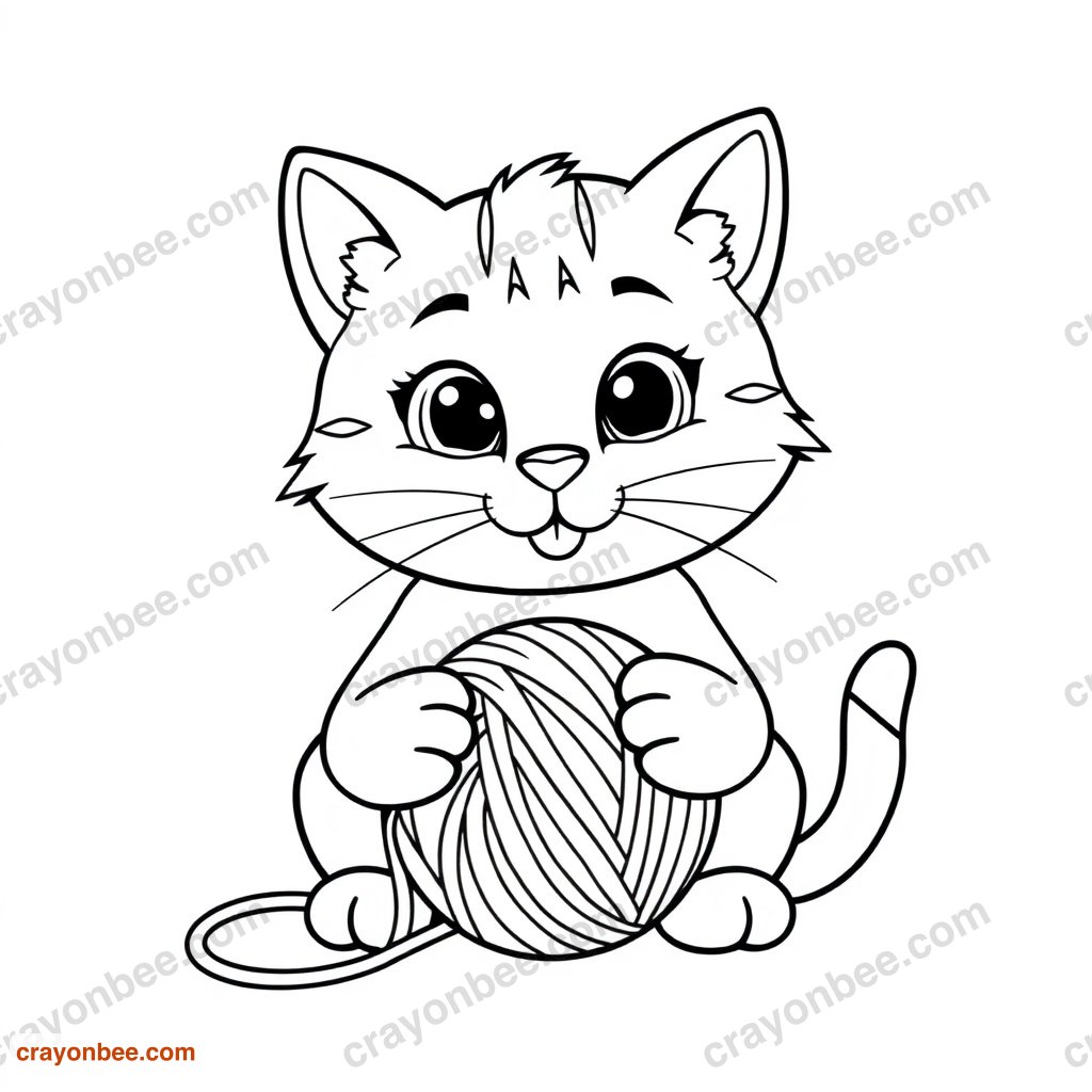 Cat With Yarn Ball Coloring Page — Free Printable PDF